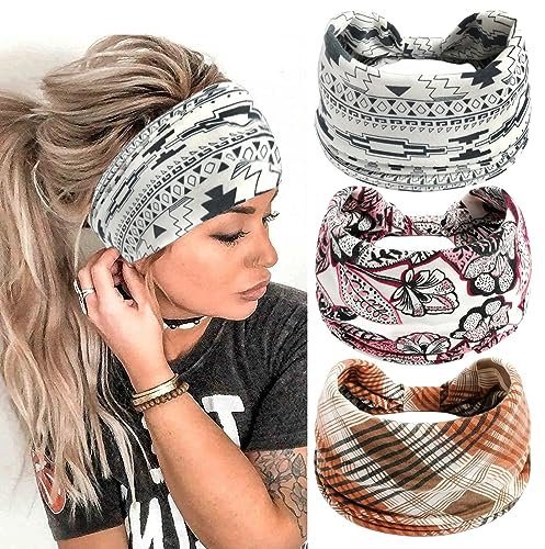 scicent 3 Stücke Breites Stirnband Boho Stirnband für Frauen Afrikanische Stirnbänder Geknotete Elastische Haarbänder Kreuz Haarwickel Haarschmuck, 14332