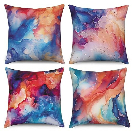 ASDCXZ Marmor Kissenbezug 45x45 cm 4er Set, Modern Blau Lila Rot Bunt Marmor Optik Sofa Dekokissen Kissenbezüge Kissenhülle Waschbar Polyester Flachs Textil Polster Kopfkissenbezug Kissen Bezug