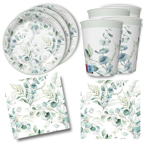 Lot de 36 décorations de table avec branches d'eucalyptus pour enfants et adultes - 8 assiettes, 8 gobelets, 20 serviettes de table 33 x 33 cm