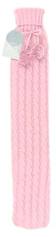 AKEDE Long Hot Water Bottle | Knitted Hot Water Bottle with Cover UK | 2L Large hot Water Bottle with Pom Pom for Women | Hot and Cold Compress, Hand Feet Warmer, Neck and Shoulder Pain Relief (Pink)