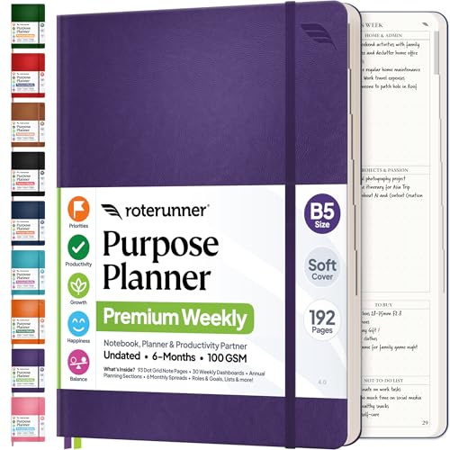 Agenda giornaliera B5, 19 x 24,9 cm, senza data, 2024-2025, strumento per la definizione degli obiettivi di produttività, per lavoro, casa, ADHD, per adulti, con copertina morbida viola