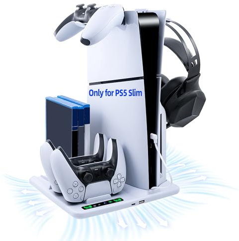 Tolesum Soporte para PS5 Slim, Base Stand con Ajustable de 3 Ventilador/Estación de Carga para Controlador PS5/Auriculare, Ventilador para PS5 Slim Disc/Digital Accesorios - No para PS5/PS5 Pro