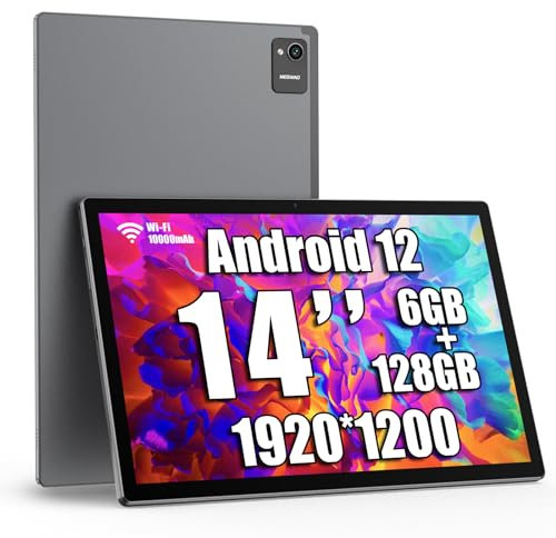 MESWAO Tablet MES-B2, 14 pollici Tablet Android 13 con 1920 x 1200 IPS HD, grande display da 6 GB/128 GB, Bluetooth, WiFi e batteria da 10000 mAh, ideale per produttività, intrattenimento e istruzione
