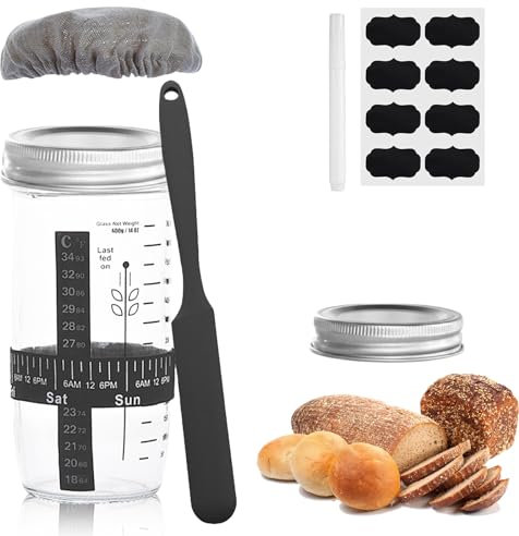 TOATELU Sauerteig-Starterglas Set, 1000ml Sauerteig Starter Jar Kit mit Silikonspatel Temperatur-Papier Markierungsband Genähte Stoffabdeckung, Sauerteig Glas, Sauerteigstarter Behälter für Brotbacken
