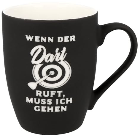 Spruchreif | Soft-Touch Tasse Schwarz Wenn der Dart ruft, muss ich … – Beidseitig gravierte Tasse mit Darts-Spruch | Geschenk für Dartspieler, Vereinsmitglieder & Hobbywerfer | 350 ml