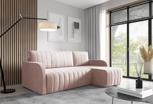 LIKMA Ecksofa Otto L-Form 224 cm Schmutziges Rosa Moderne Sofas & Couches - Velvet Sofa mit Schlaffunktion - Schlafsofa mit Bettkasten - Wohnlandschaft mit Bettzeugbehälter, Stoff: Jasmine 61
