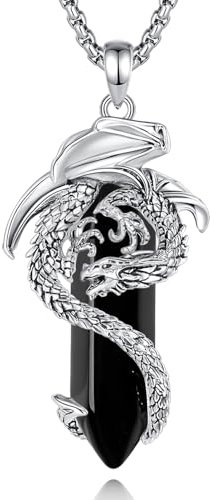 EUDORA Harmony Ball Wikinger Drachen Obsidian Kette für Damen Herren, Vintage Drachen Obsidian Halskette Anhänger Amulett Energie Gothic Schmuck Geschenk für Frauen Herren Papa Mutter, 20 +24