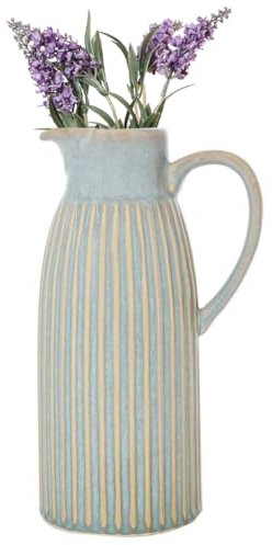 Pitcher Jug Vase Blue Ribbed Flower Vase Vintage Style Dining Table Centrepiece Ceramic Jug Glazed Earthenware Windowsill Shelf Bedside Table Decor Vase Spring Summer Anniversary Home Gift (Large)