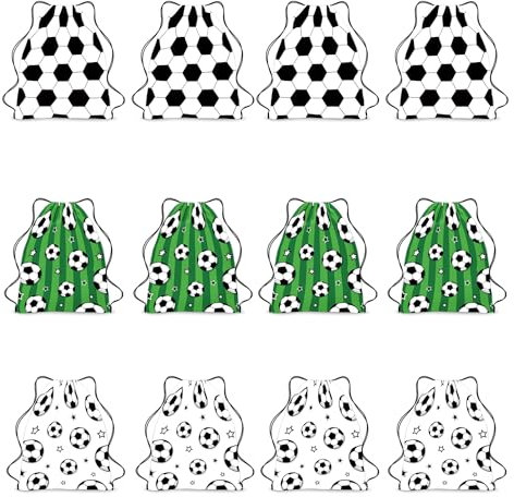 FANOST 12 Stück Kordelzug Rucksack für Kinder, Weiße und Grüne Fußball Mitgebsel Taschen, Geburtstag Geschenke Tasche für Mädchen Jungen