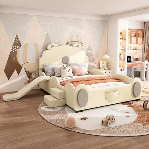 Kinderbett 140 x 200 cm, Bärenbett mit Rutsche und Leiter, Cartoon Bett für Kinder, Polsterbett mit Lattenrost und Rückenlehne, Doppelbett Jugendbett Bettgestell, PU Material, ohne Matratze, Beige