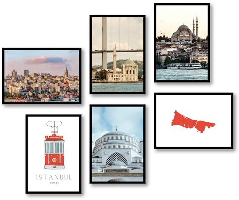 MJ-GRAPHICS® - Istanbul Wandbilder Wohnzimmer Türkei Skyline Poster, 6x A4, Bilder Wohnzimmer, Posterset Bosporus, Moscheen, Basare, Küste Arabische Bilder Schlafzimmer Wandbilder ohne Rahmen