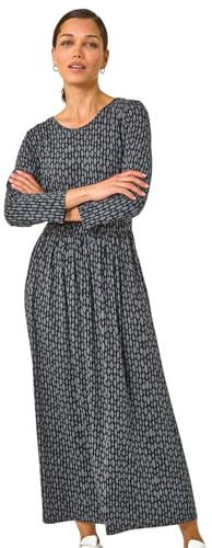 Roman Originals Maxi Dress with Pockets for Women UK Ladies Stretchy Jersey Midi Elasticated Gathered High Waist Skater Swing Fit Flare Office Work Smart Casual Boho - Grey - Size 16