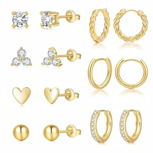 GEMAURA Ohrringe Silber,925 Creolen Silber Damen Hypoallergen Cubic Zirkonia Ohrstecker Silber Set Gold Damen Ohrstecker gold Creolen für Mehrere Piercings(7 Paar)