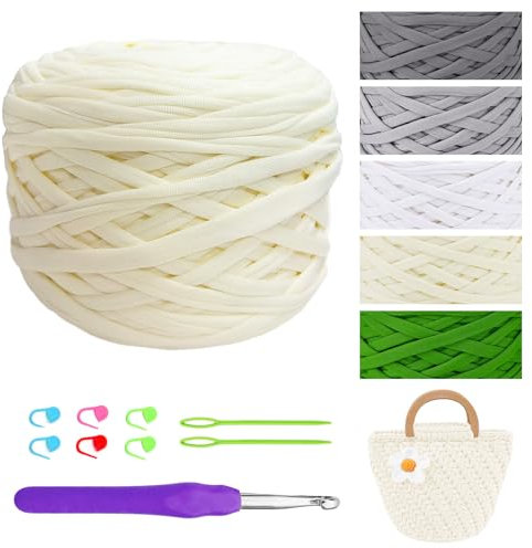 Chingcoo Tshirt Garn, Tshirt Garn Zum Häkeln, Textilgarn, 5 Farben Erhältlich Mit Häkelnadel, Geeignet Für Handgefertigte DIY Puppen, Taschen, Körbe, Kissen, Home Storage Häkelprojekte (Cremefarben)