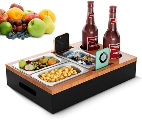 LeuKoles Couch Bar, Sofa Tray Snack Box, Holzer Couch-Organizer mit 304 Edelstahl-Snackschalen, Halter für Getränke, Snacks und Fernbedienung, Sofa Butler für Wohnzimmercouch, Picknick, Party (Typ-A)