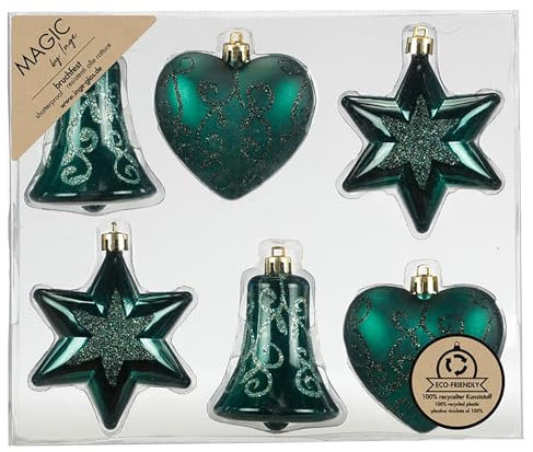 Inge-glas Christbaumschmuck Formen Mix 9cm Kunststoff 6er Set - bruchsicher & mit Glitzer - Christbaumkugeln für Weihnachtsbaum - Weihnachtskugeln & Weihnachtsbaumschmuck Dunkelgrün - Noble Green