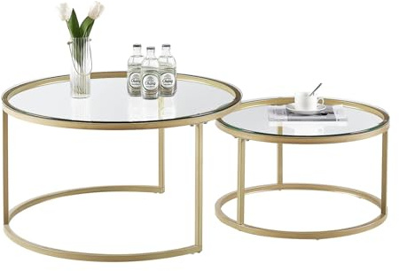 buybyroom Wohnzimmer Beistelltisch 2er Set Nest Couchtische mit Metallsockeln und Glastischplatten, Beistelltisch für Büro, Balkon, Schlafzimmer, Gold