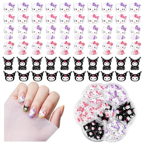 Nail Charms, 70 Pcs 3D Nail Charms 6 Styles KT Cartoon Little Cat Nail Charms Decorations DIY Nail Art Decorations Supplies Jewelry Phone Cases Multi Use Nail Charms Home Cute Nail DIY Accessories