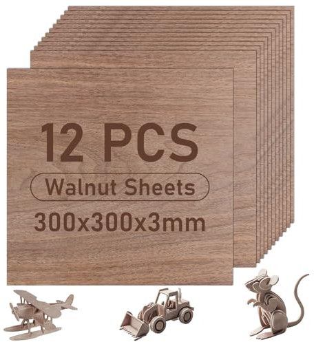 DAJAVE Lot de 12 feuilles de contreplaqué en noyer 300 x 300 x 3 mm pour travaux manuels, modélisme, peinture