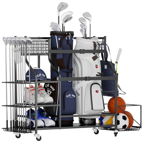 LNZHAO Golf Storage Rack - Extra Large Golf Organiser with 2 Storage Baskets and 4 Wheels - Golf Bag Storage Rack for 2 Golf Bags, Golf Clubs and Accessories - Ideal for Garage, Club, Shed, Basement