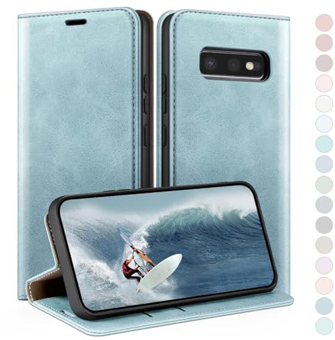 HUOUH für Samsung Galaxy S10E Hülle mit RFID Schutzhülle aus Lederhülle Handyhülle,Kartenfach Leder ständer Handy hülle,360 Grad Schutz Cover für Samsung S10E Klapphülle Wallet Case Hellblau