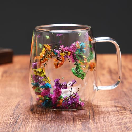 Richaa Dried Flowers Double Walled Glass Mug with Handle - 250ml Cappuccino Cup Hot Chocolate Mug Latte Glass Coffee Mug Original Gifts