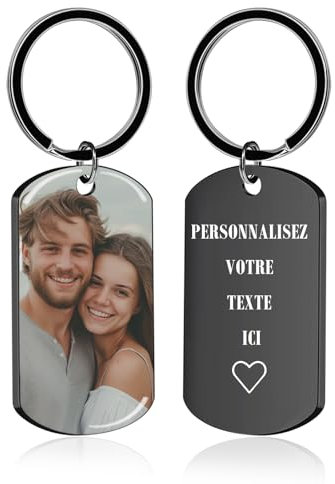 Porte-Clés Personnalisable avec Photo et Gravure Texte Double Face Porte Clef Personnalisé Cadeau pour Homme Femme Couples Amis et Famille (UV Noir)
