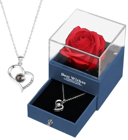 Yonuaret Ewiges Echte Rose Mit Halskette ' Dich Ich Liebe' 100 Sprachen Gravur, Konservierte Ewiges Rose Geschenk Für Frauen Mama Oma Rosenbox Rose blumen Zum Valentinstag Jubiläum