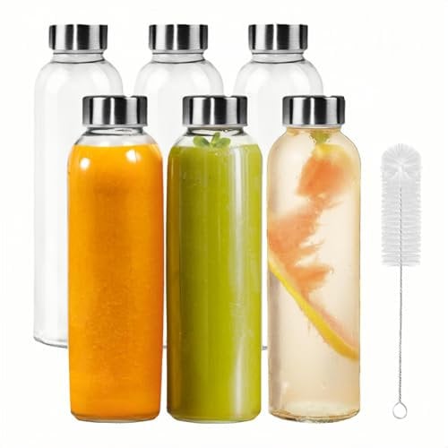 6 Pack 500ml Empty Glass Water Bottle, Leak-Proof with Sealable Lid & Free Brush for Juicing, Hot & Cold Drinks, Shakes, Smoothie, Coffee, Reusable Drinking Bottle for Work, Gym, Home 