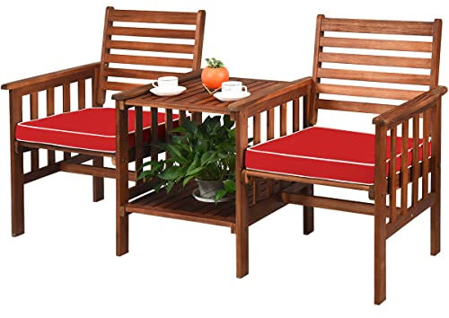 GIANTEX Gartenbank Holz mit Tisch, Holzbank Outdoor 2 Sitzer mit Kissen, Sitzbank Garten mit Schirmloch, Friesenbank Kinobank bis 350 kg belastbar, Terrassenbank für Balkon Terrasse 165 x 65 x 88 cm