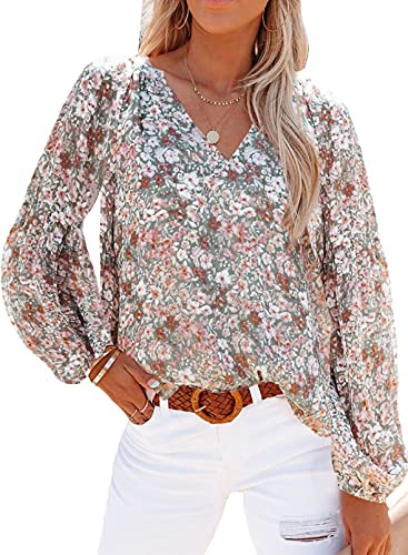 Aupuny Damen Sommer Bluse Elegante Oberteile Lässiges Langarmhemd Bedruckte Blusen V-Ausschnitt Blusen