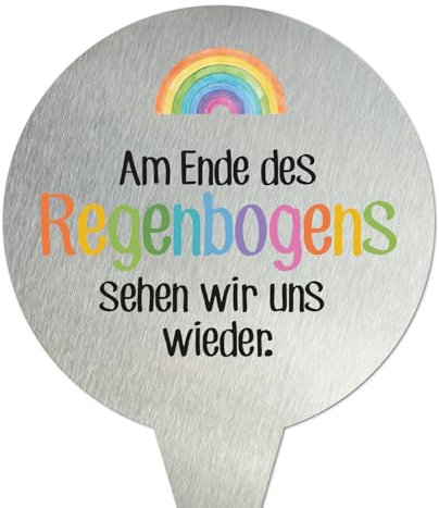 younikat Grabstecker aus Edelstahl I Grabschmuck Rund 16 cm Deko I Spruch - Am Ende des Regenbogens sehen wir uns wieder I you0075