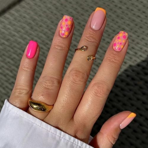 Medium Length French Nails - 24pcs Hot Pink Stick On Nails - Colorful Dot Fake Nails With Glue in 12 Sizes - Removable Glossy Full Cover Acrylic nails with Nail File & Nail Sticky Tabs