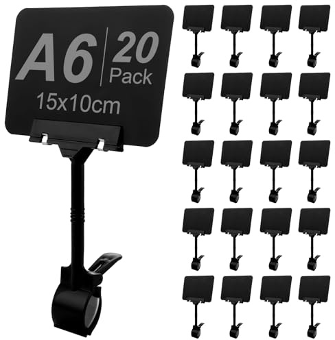 CYEER 20 Stück Preisschilder A6 mit Klammer – Wiederbeschreibbare PVC Preisschildhalter Schwarz (10x15cm) – Flexibler Werbeaufsteller für Ladenbau, Supermarkt, Buffet & Bäckerei
