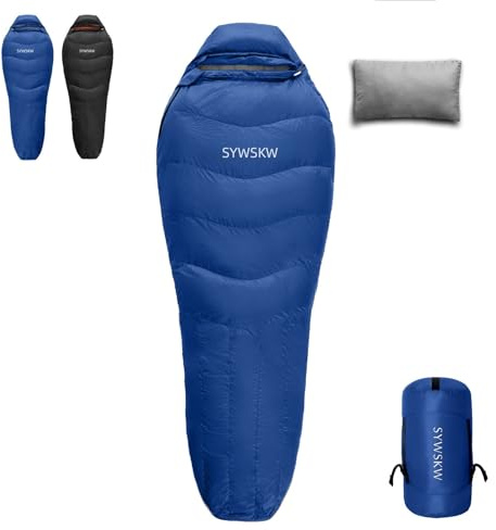 SYWSKW Daunenschlafsack mit Kissen, ultraleichter Mumienschlafsack für Rucksackreisen, Wandern und Camping im Freien, mit YKK-Zwei-Wege-Reißverschluss, 680 FP Entendaunen (Blau, 500 g Daunen)