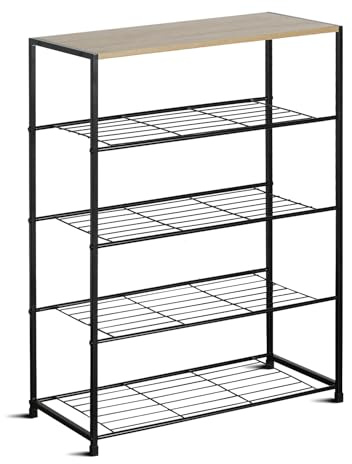 BELOFAY 5-Tier Wooden Shoe Storage Rack with Steel Frame, Holds 12–16 Pairs, Black Space Saving Industrial Shoe Rack for Entryway, Bedroom, and Living Room (63 * 30 * 83)