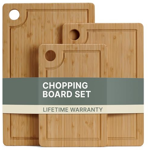 LARHN Solid Vertical-Grain 3-Piece Wooden Chopping Board Set, Pre-Oiled | Cutting Board Sizes: 34x22/29x19/24x16cm, Bamboo, Juice Groove, Plastic-Free, for Meat, Veg, Bread, Cheese