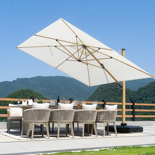PURPLE LEAF Parasol Déporté Imitation Bois 2,7 x 3,65 m Rectangulaire, Parasol De Jardin Extérieur Cadre en Aluminium, 6 Positions D'inclinaison et Rotation à 360, Pour Piscines, Patio, Crème
