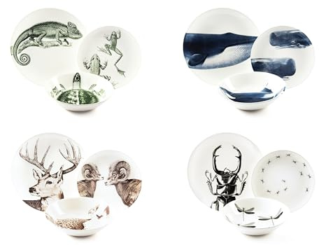 Excelsa Faune & Flore Tellerservice aus Keramik, 12-teilig, Dekoration mit Naturtieren, flacher Teller 27 cm, Boden 20 cm, Obst 21 cm