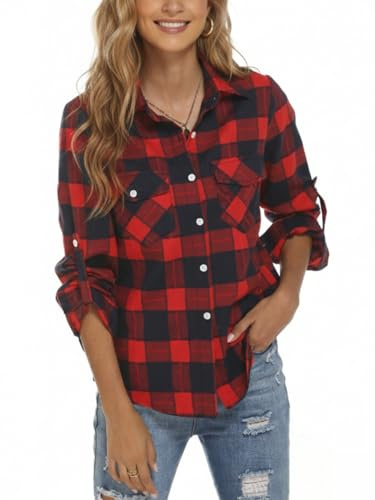 Famrrifuu Chemise a Carreaux Femme Classique Chemisier en Flanelle Bucheron Western Élégant Blouse 100% Coton Décontractée Shirt