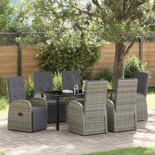 Runheo Garten Essgruppe mit Kissen, 7-teilig, Grau, Poly-Rattan, verstellbare Rückenlehne, wetterfest, für Terrasse, Balkon, Essbereich, 6 Personen