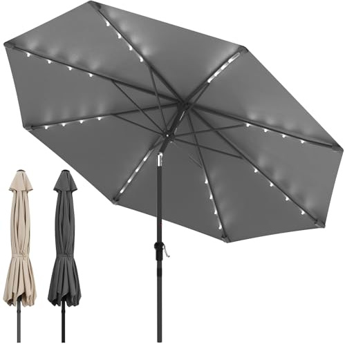 Huracan Sonnenschirm LED Solar Ø 300cm mit Kurbel, Ampelschirm Gartenschirm ohne Ständer, Strandschirm Sonnenschutz UV Schutz 50+, Balkonschirm Kurbelschirm Marktschirm wasserdicht für Garten, Balkon