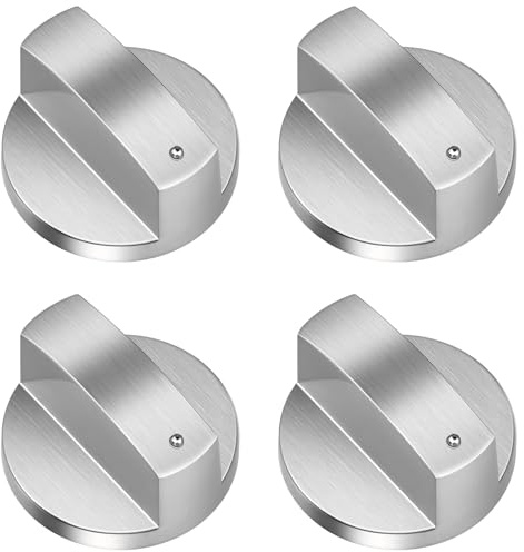 Lunhoo 4er-Set universelle Gasherd-Drehknöpfe als Ersatz, Metall-Regelknöpfe mit 6 mm D-Achse für Gasherd, Kochfeld und Backofen (Silber)