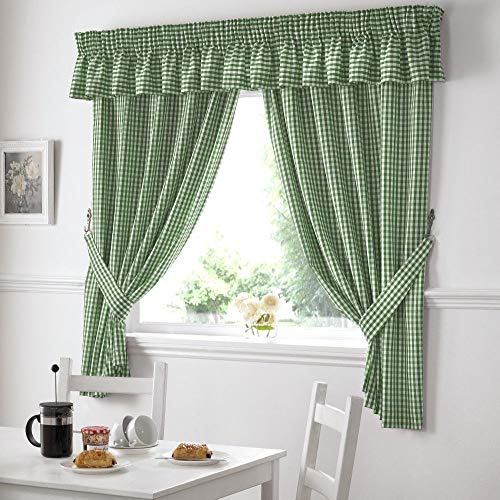 Alan Symonds GINGHAM KITCHEN CURTAINS PAIR Pelmets Tiebacks Seat Pads 6 COLOURS 46'' x 54'' / Green, 117 l x 137 h centimeters