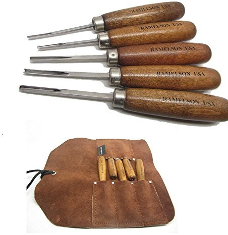 Gunstock Gunsmith Woodcarving V & U Chisel Carving set for Checkering and Restoration (5 Piece with Leather Tool Roll Holder)
