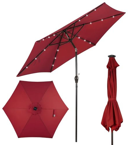 COSTWAY Ø300 cm Sombrilla Terraza Exterior, Parasol Terraza Exterior Plegable con 24 Luces LED Solar, Manivela y 8 Varillas de Metal, Protección UV, Impermeable, para Terraza, Vino Tinto