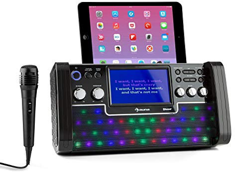auna DiscoFever - Equipo Karaoke 2 microfonos Bluetooth, Altavoz Karaoke con Microfono dinámico, Entrada AUX, USB, Eco y Balance, programable, Función repetición, Leds, Soporte Tablet, Negro
