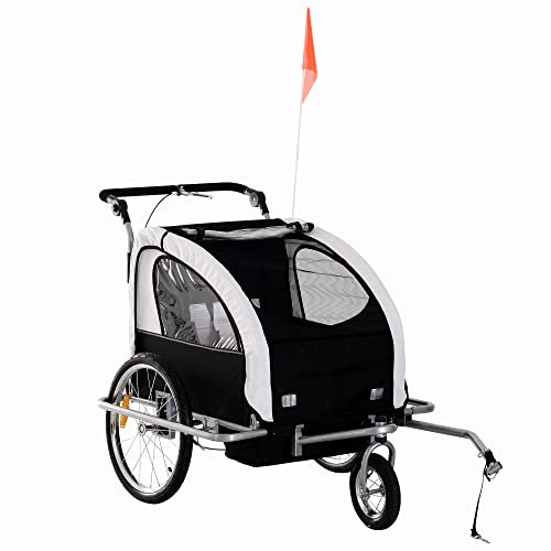 HOMCOM 2 Seat Bike Trailer for Kids, Baby Bike Stroller with 5 Point Harness, Child Bicycle Trailer with Safety Flag, Reflectors, Windproof Curtain, for 18+ Months, Black