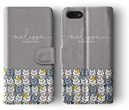 Tirita Personalised Leather Flip Wallet Phone Case with Card Holder Compatible with iPhone 7/8 / SE 2020 / SE 2022 - Drawing Cartoon Kitten [12 - Dancing Cats Handwritten]