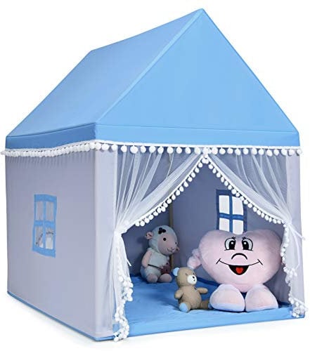 COSTWAY Kinderzelt Indoor, Kinderspielhaus für Jungen Mädchen Prinzess Prinzessin, Kinderspielzelt mit Massivholzrahmen & Baumwolldecke, Kinder Spielhaus für Drinnen, 120x105x140cm (Blau)